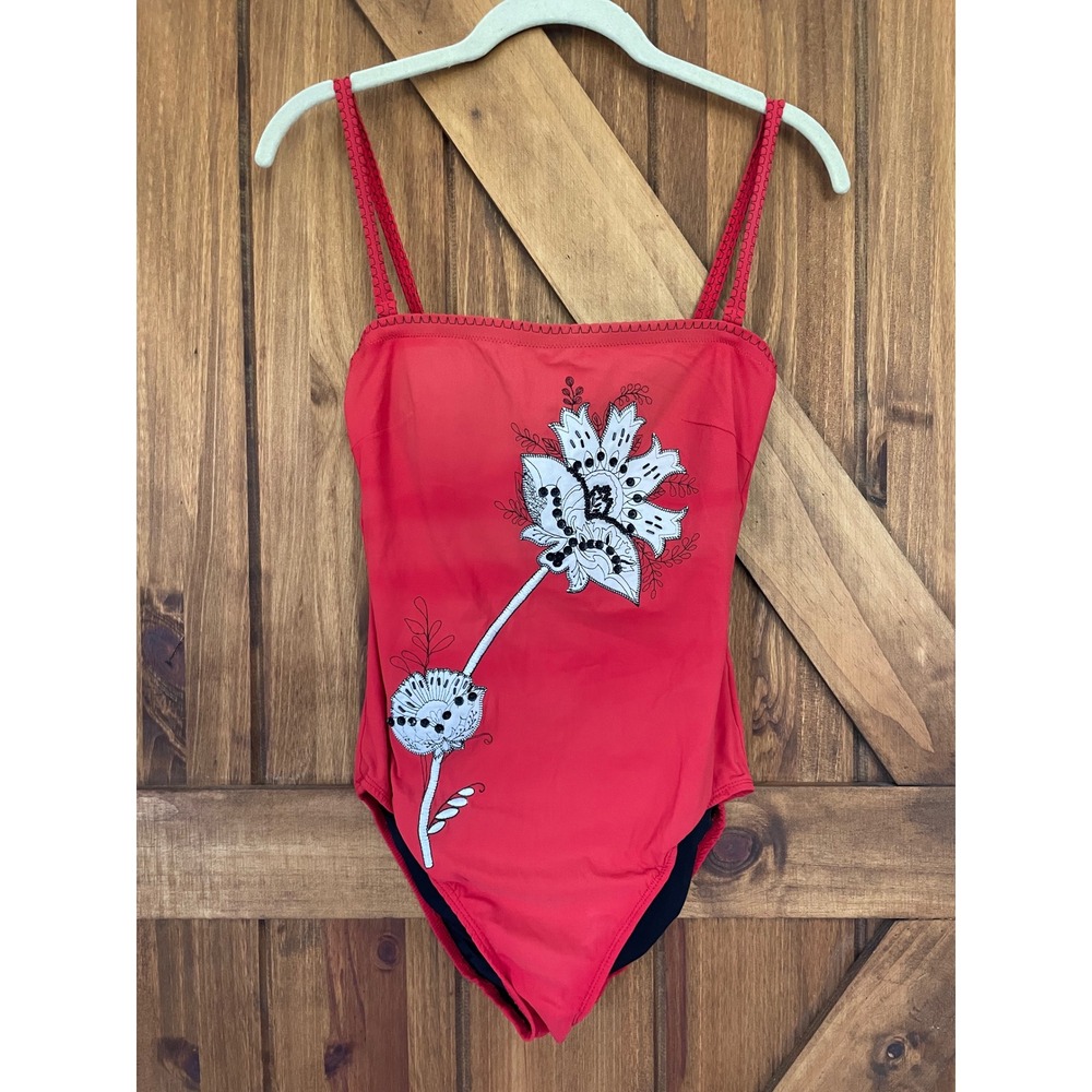 Vintage Gottex Red Embroideredโ Square Neck One Piece Bathing Suit